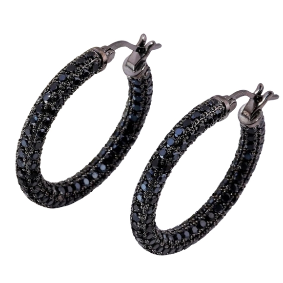 Black Pave Crystal Hoop Earrings Rhinestone Covered Blackened Metal Small Hoops - Picture 1 of 14